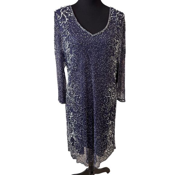 PISARRO NIGHTS NORDSTROM Women's Navy Beaded V-Neck Cocktail Dress Size 14 - Picture 4 of 10